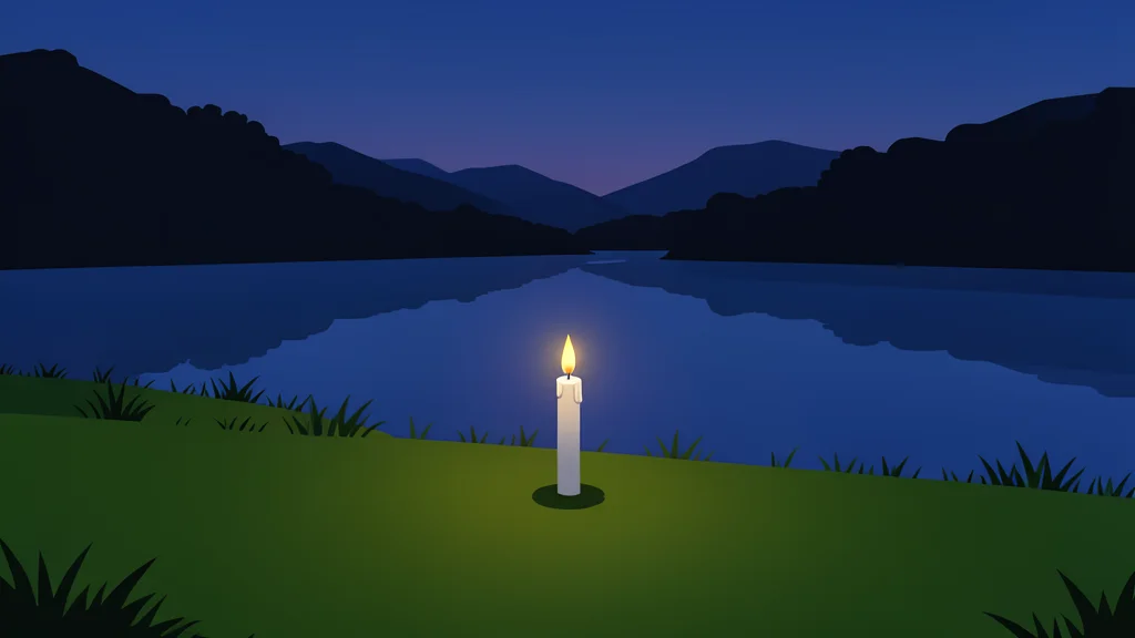 A quiet riverbank at dusk with a single lit candle standing on the grass