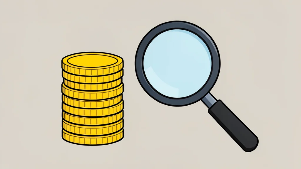 A stack of gold coins next to a magnifying glass