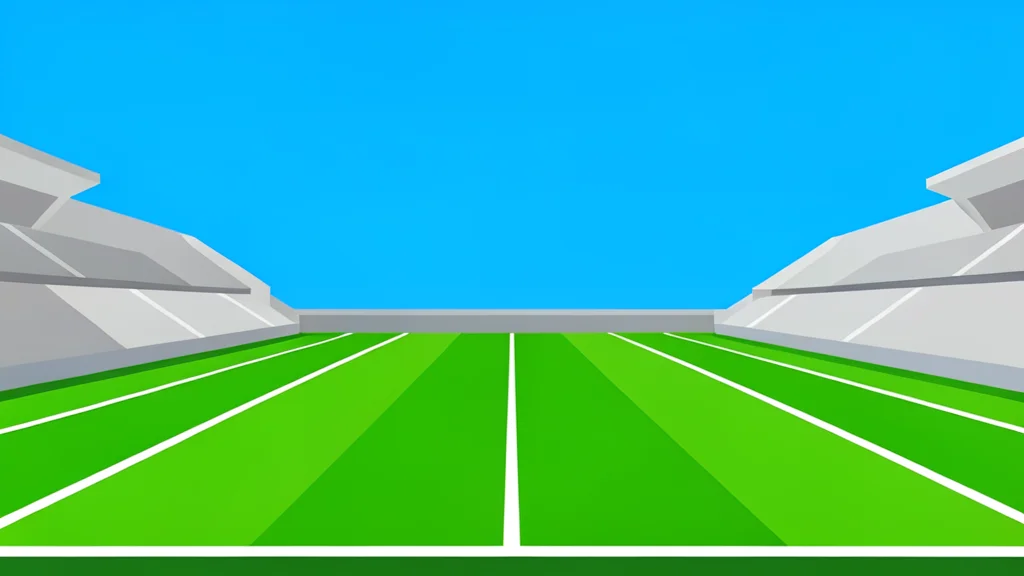A vast green stadium field with white yard lines stretching toward a distant horizon under a clear blue sky.