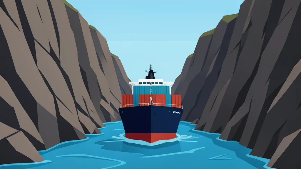 A cargo ship navigating through a narrow, rocky strait with steep cliffs on either side