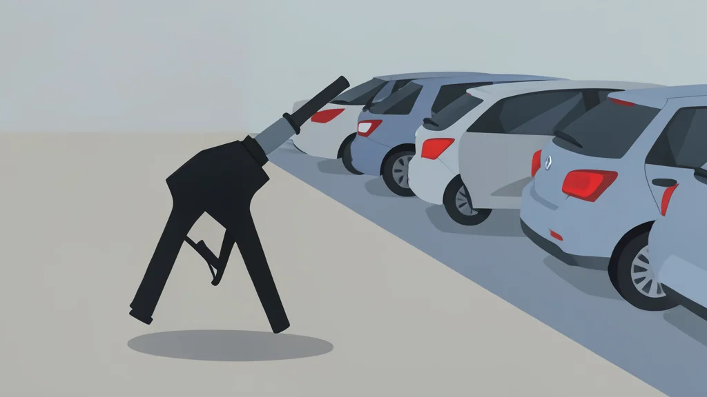 A fuel pump nozzle resting on a concrete surface next to a row of parked cars