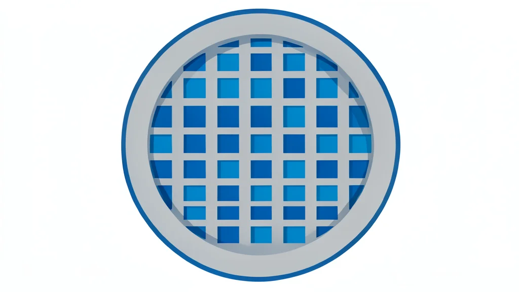 A close-up view of a silicon wafer with a grid of square integrated circuits
