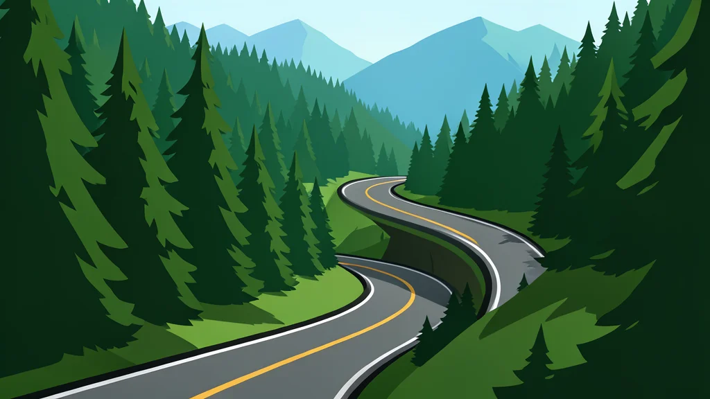 A winding mountain road with steep gradients and sharp curves cutting through a dense forest
