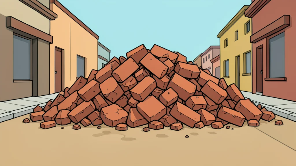 A pile of broken bricks and rubble on a dusty street
