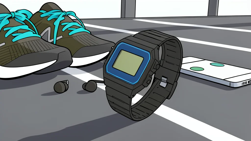 A rectangular digital wristwatch with a green backlit screen and a resin strap resting on a wooden surface