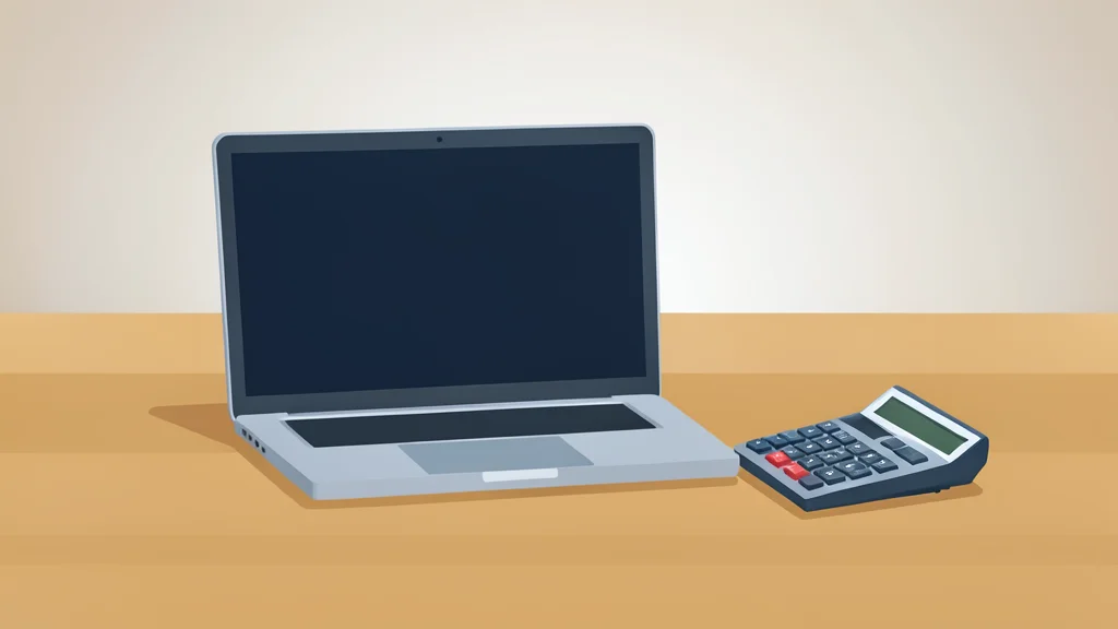 A modern office desk featuring a laptop and a calculator in a flat-vector style.
