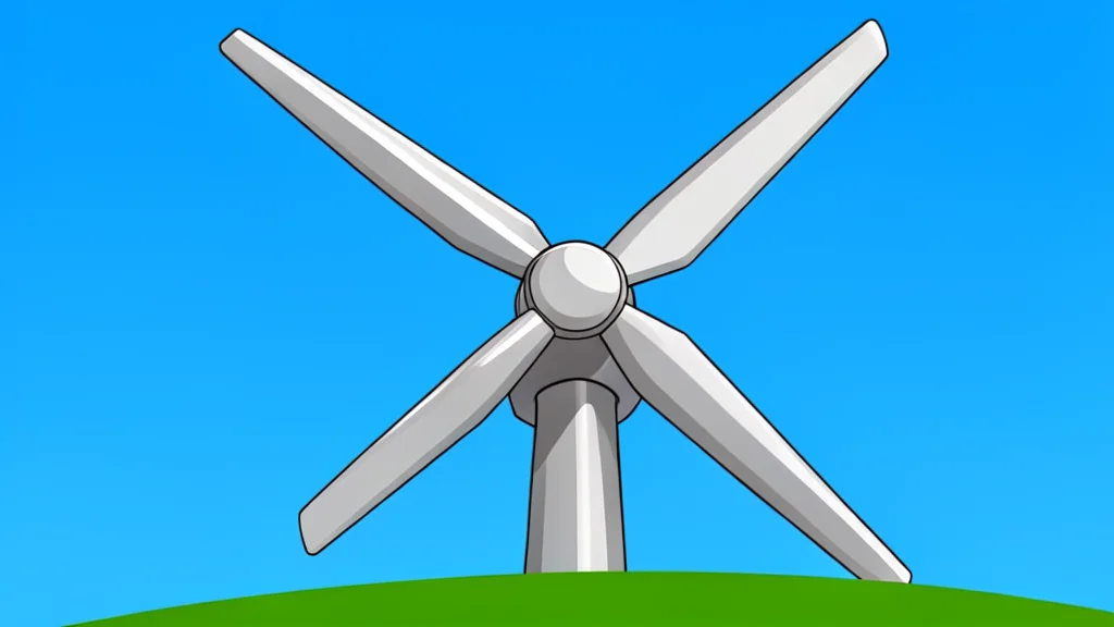 A cluster of wind turbines standing on a grassy hillside under a clear blue sky