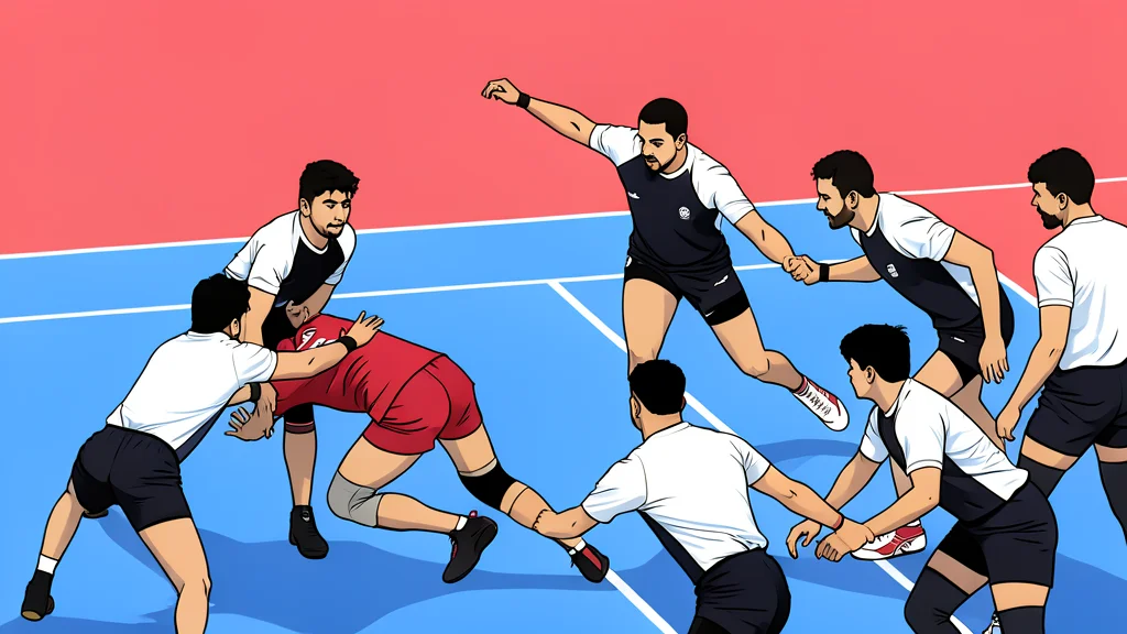 A traditional kabaddi mat with painted boundary lines and a central bonus line, set in an empty indoor arena.