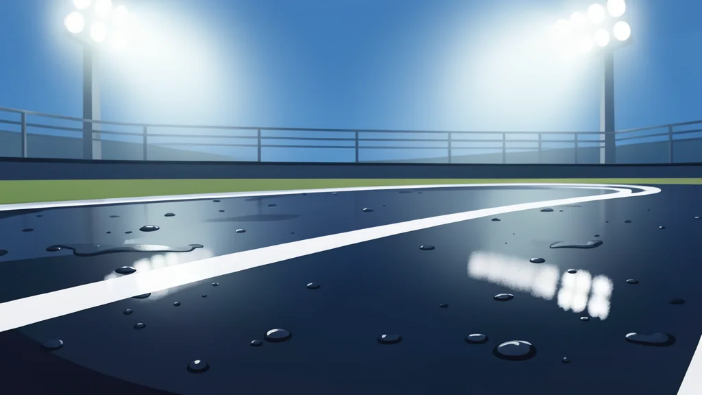 A short, steeply banked oval racetrack with red clay dirt and white painted lines under bright stadium floodlights.