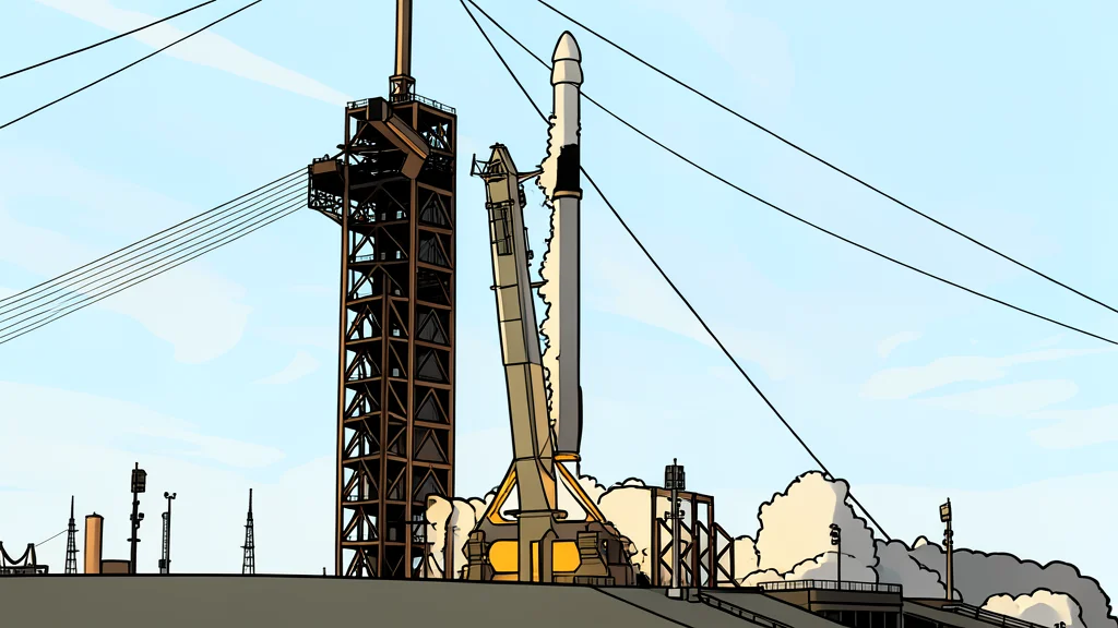 A white rocket standing vertically on a concrete launch pad against a clear blue sky