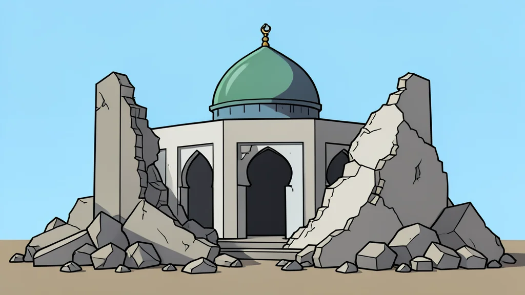 A damaged mosque structure with collapsed walls and rubble