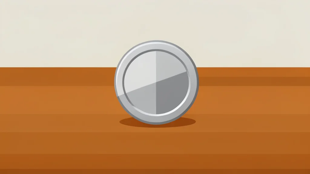 A flat vector illustration of a digital coin resting on a polished wooden desk surface.