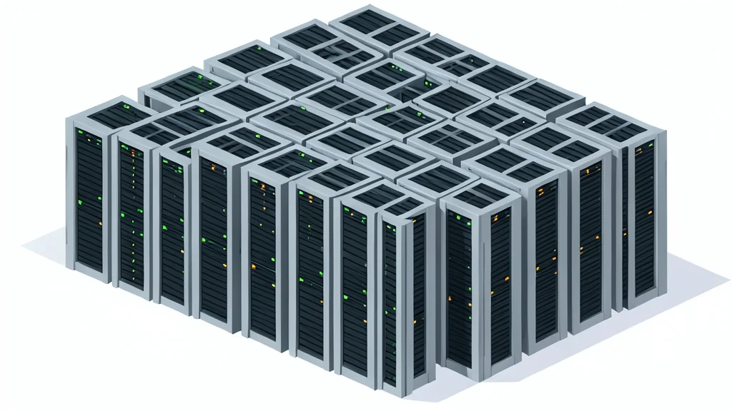 A dense cluster of server racks in a data center with blinking status lights