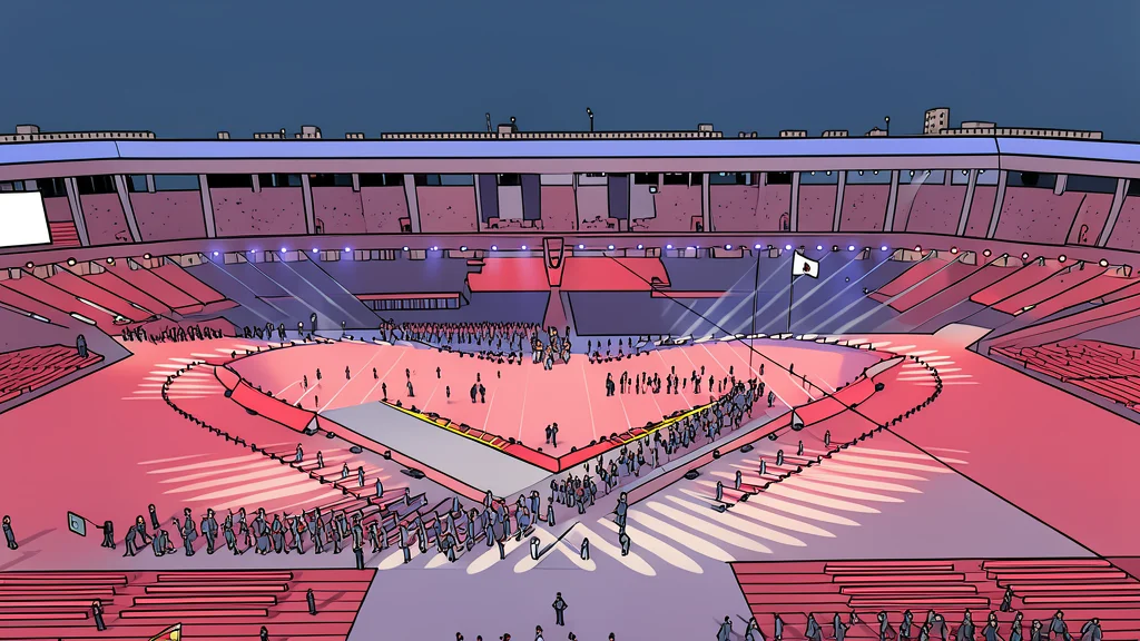 A modern stadium entrance featuring sweeping red and white architectural curves.