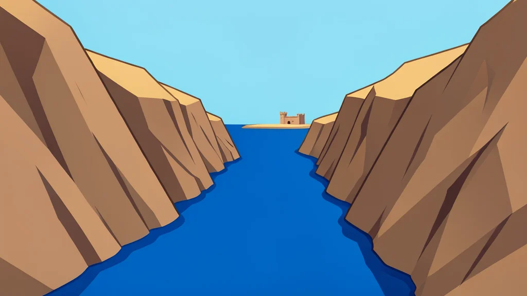 A narrow, deep blue waterway flanked by steep, arid cliffs and a small fortified island in the distance