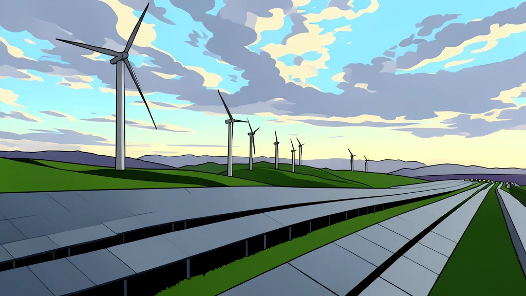 A large wind turbine standing in a green field under a clear sky