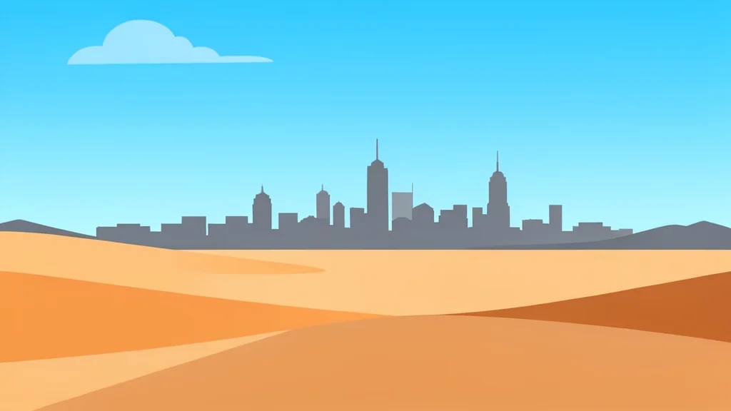 A desert landscape with a distant city skyline under a clear sky