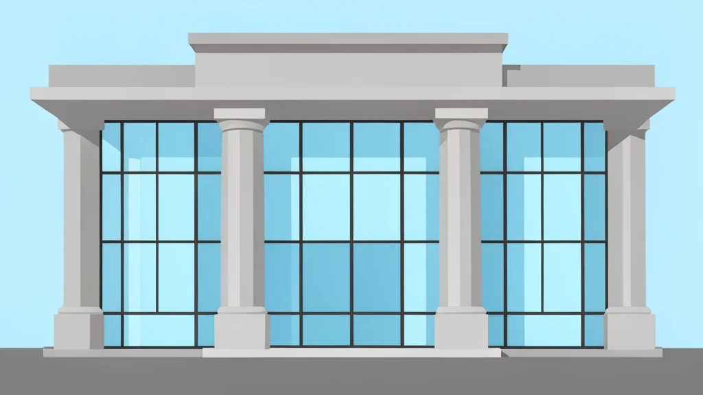 A modern central bank building facade with large glass windows and stone columns
