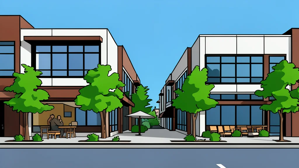 A modern glass office building with a flat roof and large windows reflecting the sky