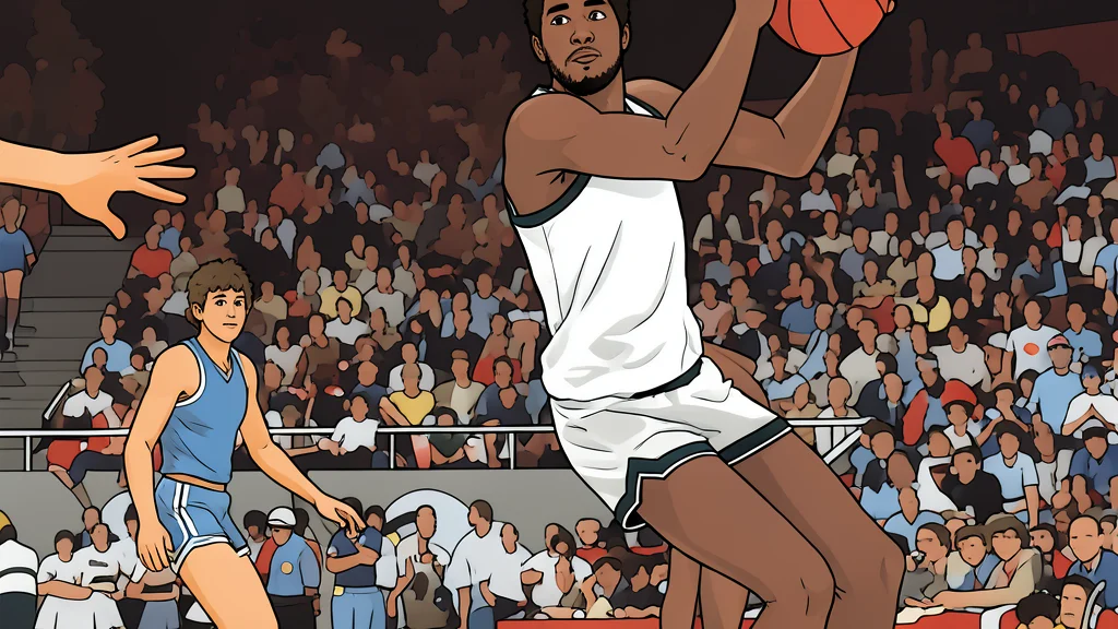 A vintage basketball resting on a polished hardwood court floor