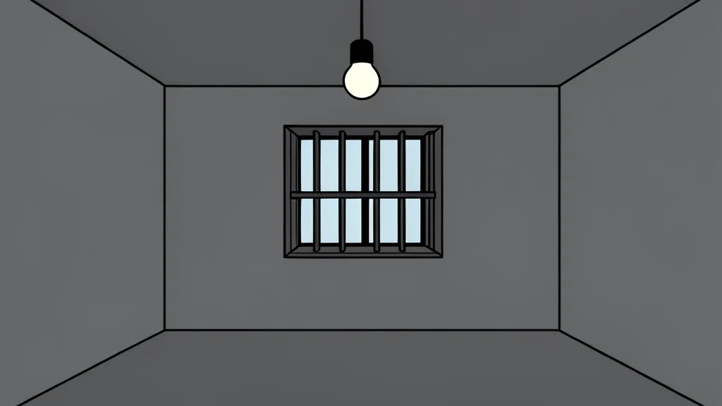 A stark, empty concrete cell with a barred window and a single bare lightbulb hanging from the ceiling