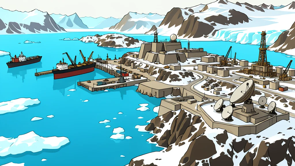 A rugged, icy mountain landscape with exposed rock faces and a distant industrial mining structure