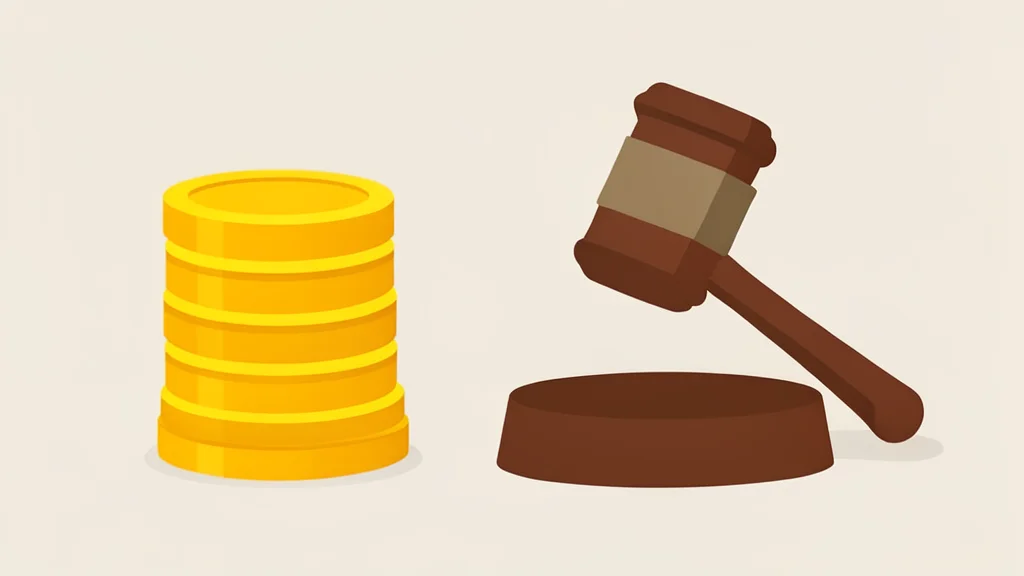 A stack of gold coins positioned next to a wooden gavel on a neutral surface.