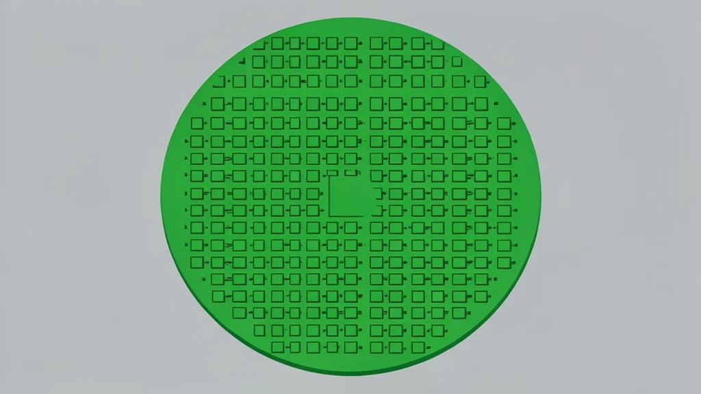 A close-up of a green silicon wafer featuring a grid of square integrated circuits.