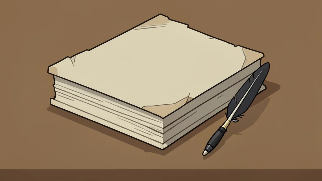 A stack of old, worn paper ledgers and a quill pen resting on a wooden desk