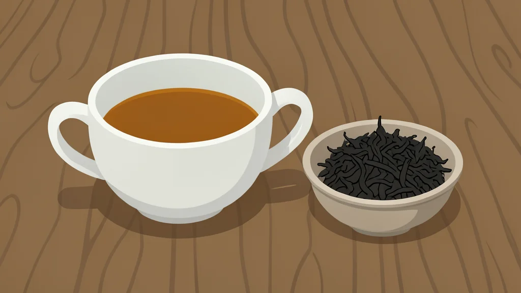 A ceramic teacup filled with amber liquid sitting on a wooden table next to a small bowl of dried tea leaves