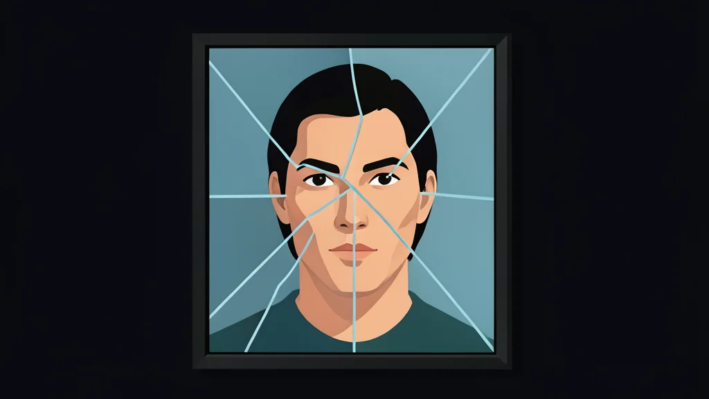 A cracked mirror reflecting a distorted, fragmented human face in a dark room