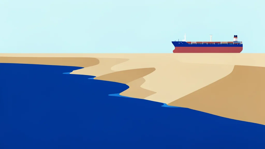 A vast, arid coastline meeting deep blue ocean waters, with a single large cargo ship anchored in the distance