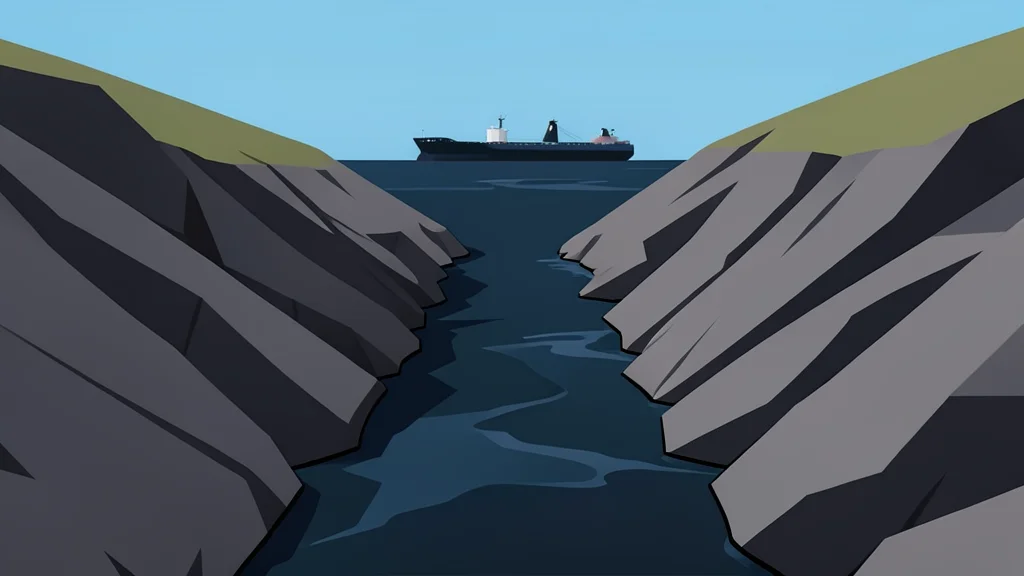 A narrow, rocky strait with dark water and a distant oil tanker silhouette