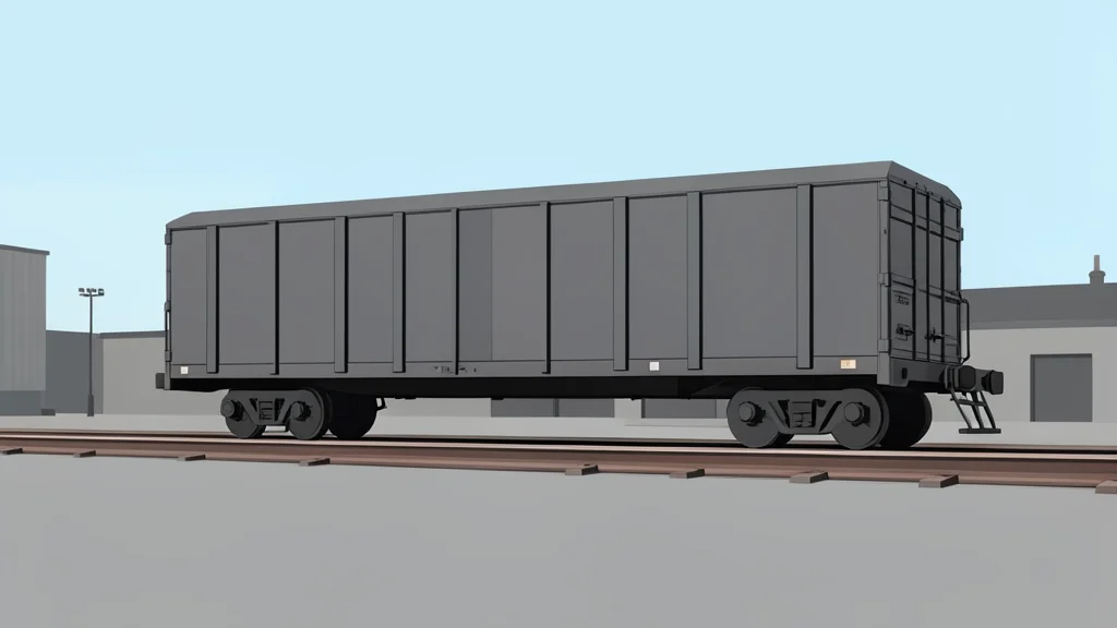 A heavy steel freight railcar sitting on parallel iron tracks in an open yard