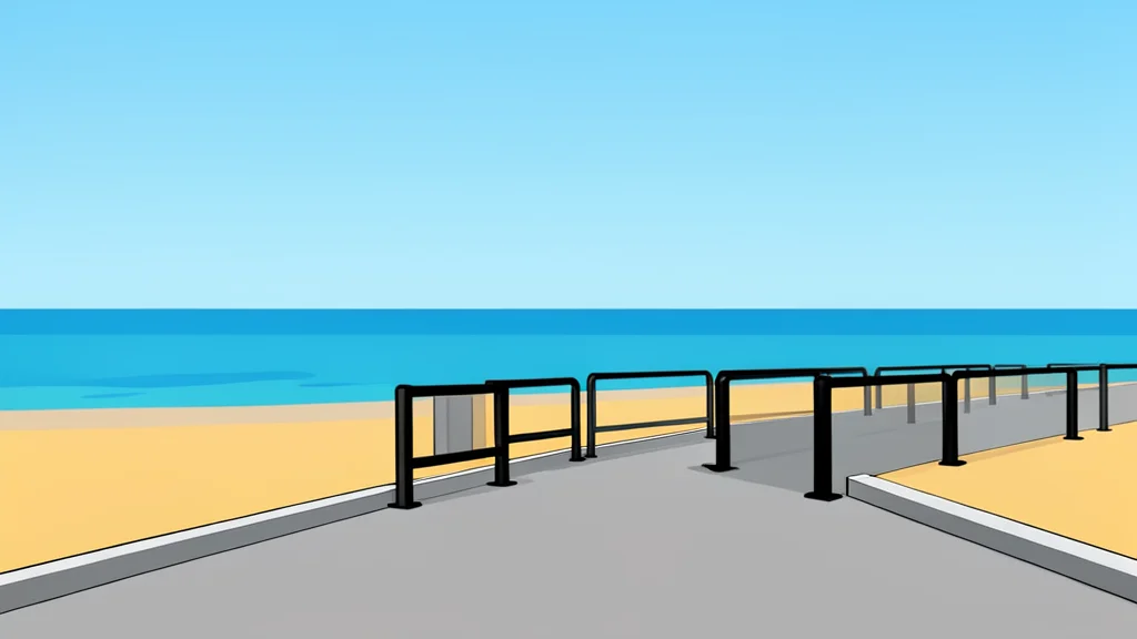 A coastal promenade with closed beach access barriers and a distant view of the sea