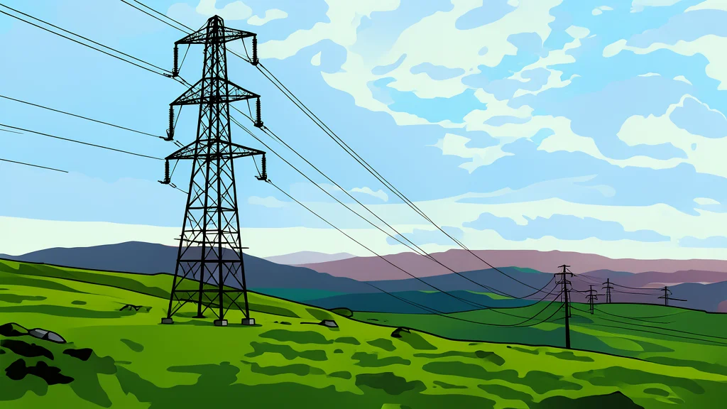 A high-voltage electricity pylon standing in a green field
