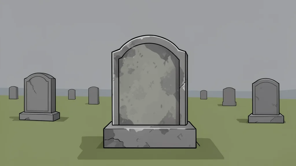 A weathered stone grave marker stands alone in a sparse, open cemetery under a grey sky.