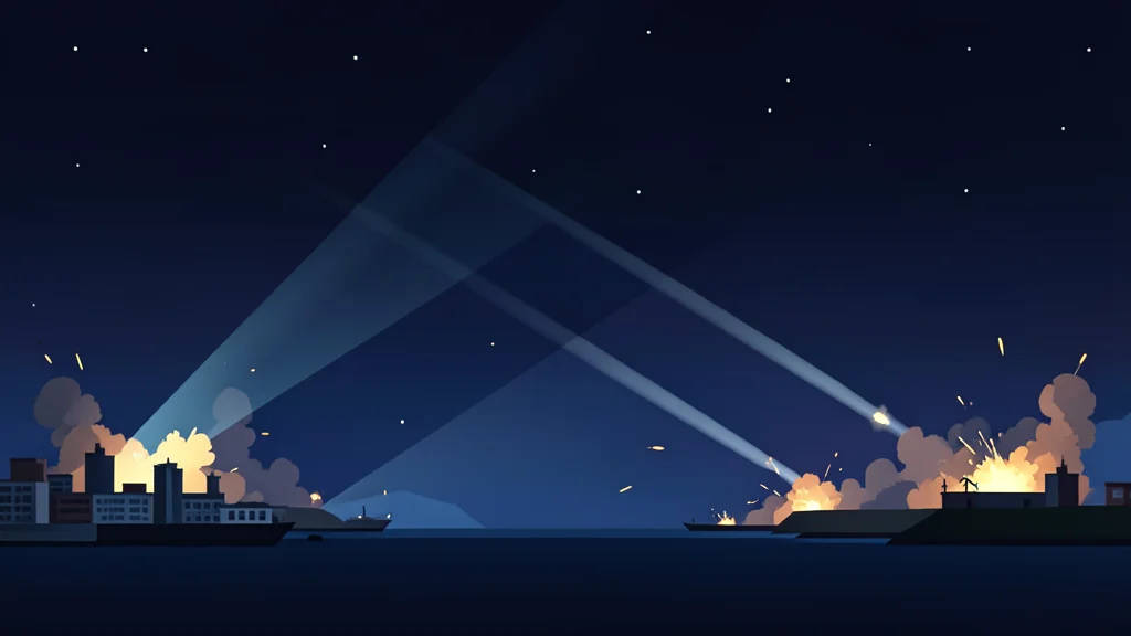 A dark night sky over a coastal city with searchlights cutting through the air and distant flashes of explosions on the horizon.