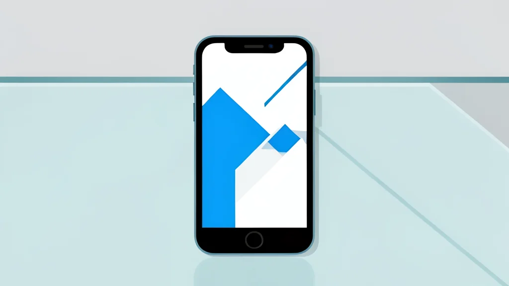 A modern smartphone displaying abstract geometric shapes representing data flow, resting on a sleek glass desk surface.