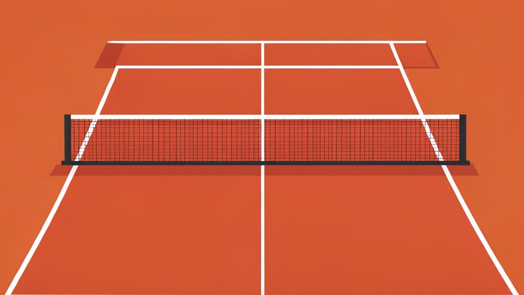 A red clay tennis court with white boundary lines and a net stretched across the center