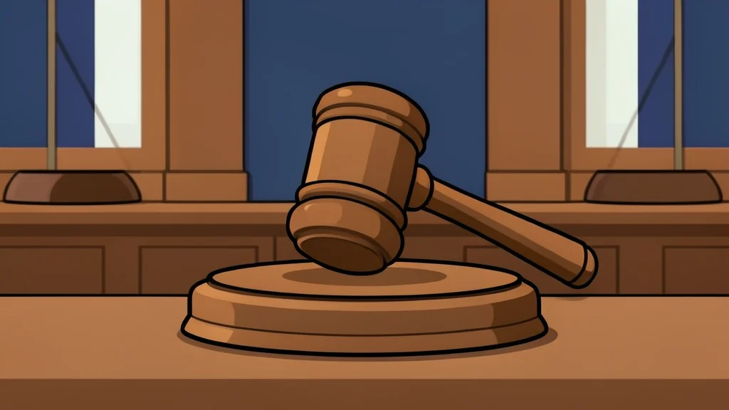 A wooden gavel resting on a sound block in a courtroom setting