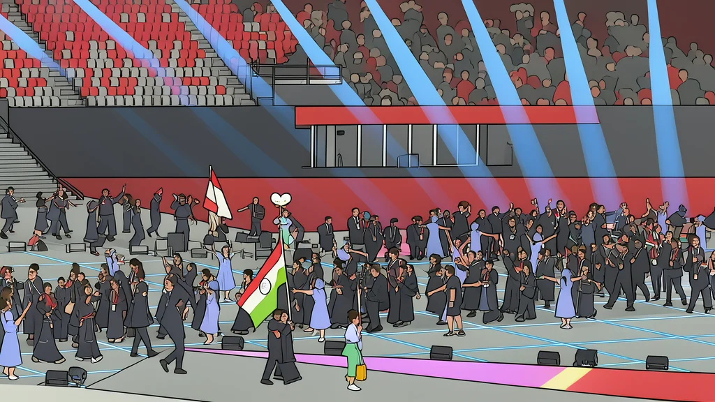 A large, empty stadium arena with bright floodlights illuminating the track and field, surrounded by rows of spectator seats.