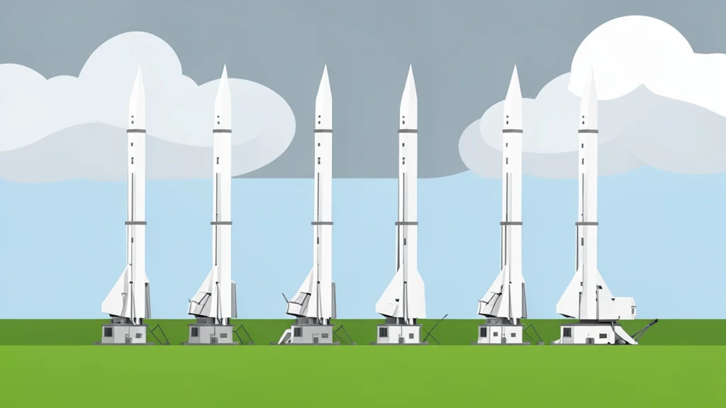 A row of tall, white air defense missile launchers positioned on a grassy field under a cloudy sky