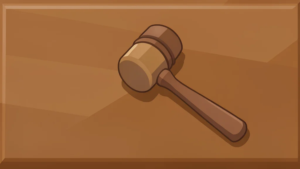 A wooden gavel resting on a polished desk surface