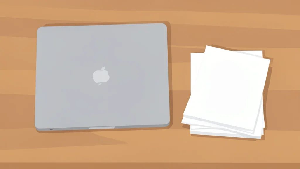 A minimalist wooden desk with a closed laptop and a neat stack of plain paper notebooks