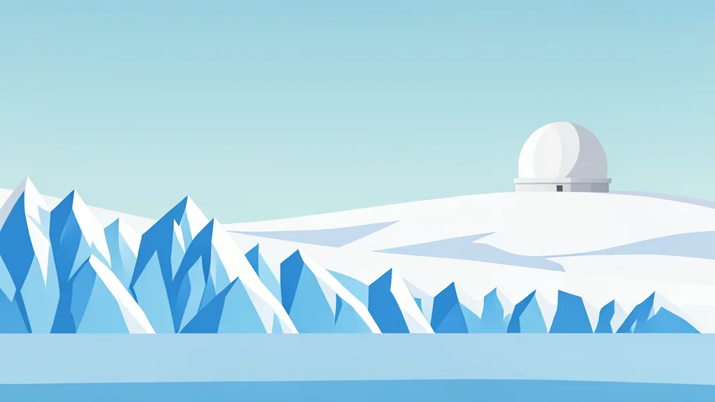 A vast, icy arctic landscape with jagged glaciers and a distant military radar dome on a snowy plateau