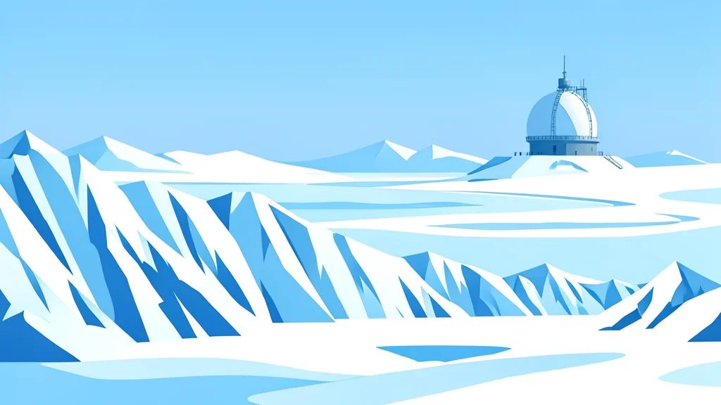 A vast, icy Arctic landscape featuring jagged glaciers and a distant military radar dome on the horizon.
