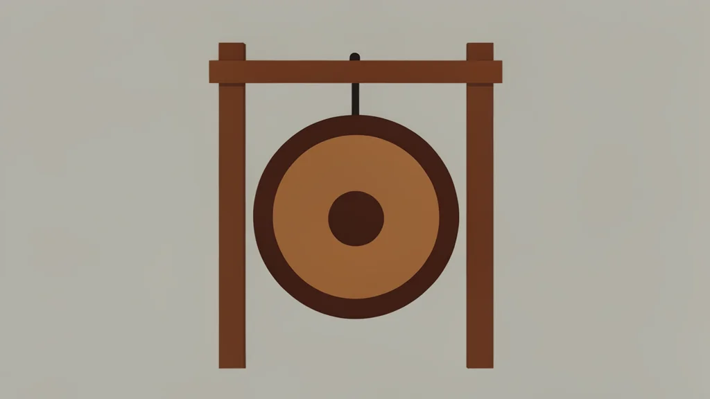 A traditional bronze gong hangs suspended from a wooden frame in a quiet room.