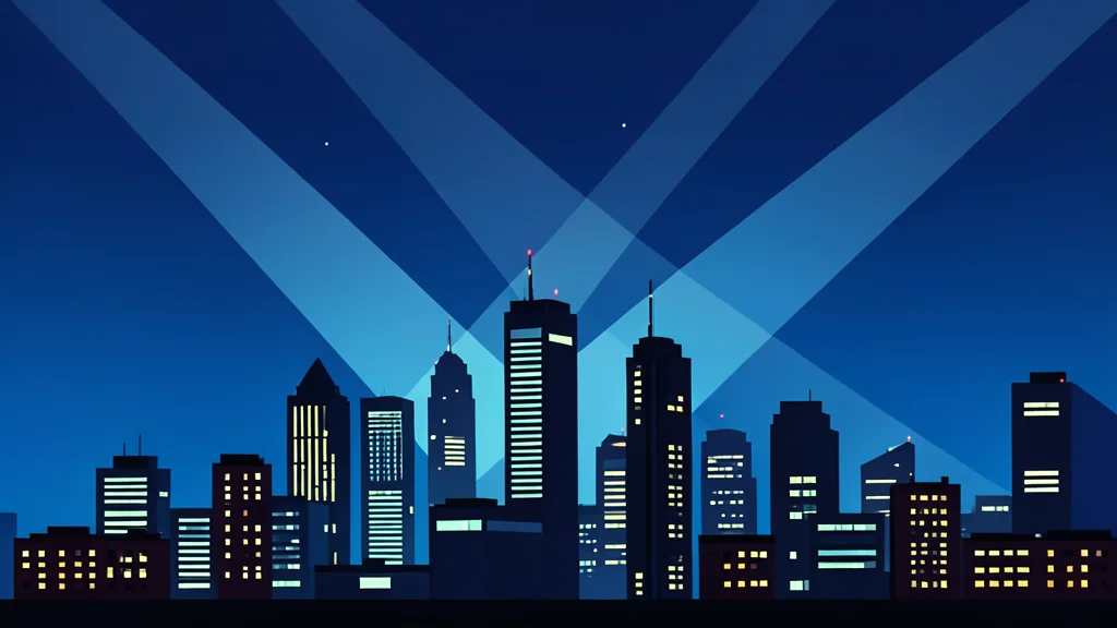 A modern city skyline at night with searchlights sweeping across the sky