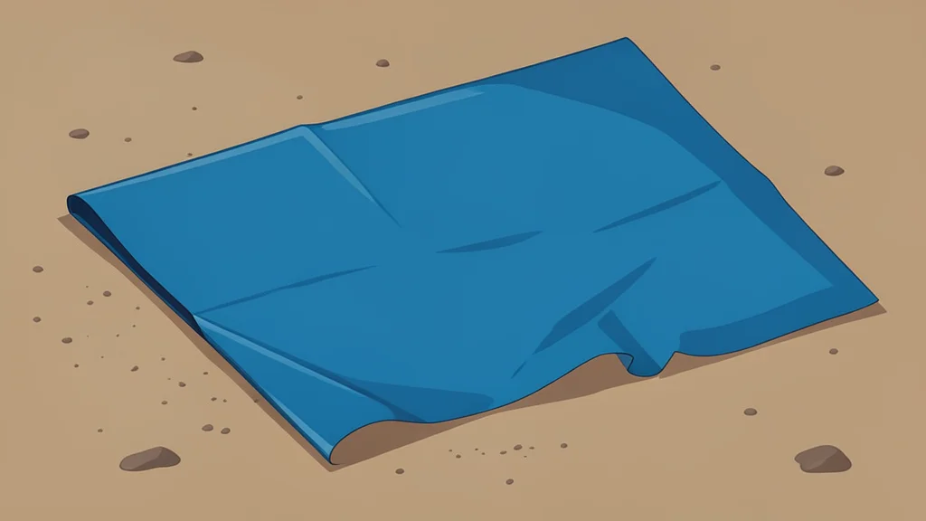 A torn piece of plastic tarpaulin lying on dusty ground